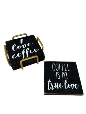 Set of 4 Black Wood Gold Metal Holder Coffee Theme Farm House Bohemian Coasters